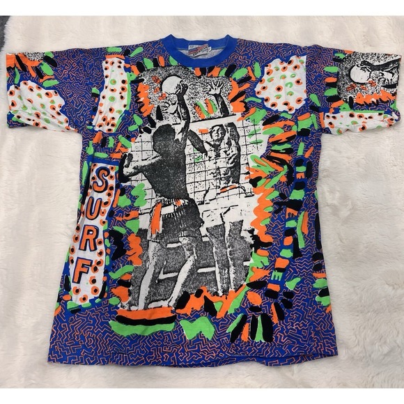 The Unbranded Brand Other - VTG Surf Volleyball Neon AOP T-shirt - Multi Color- Size - 80s 90s